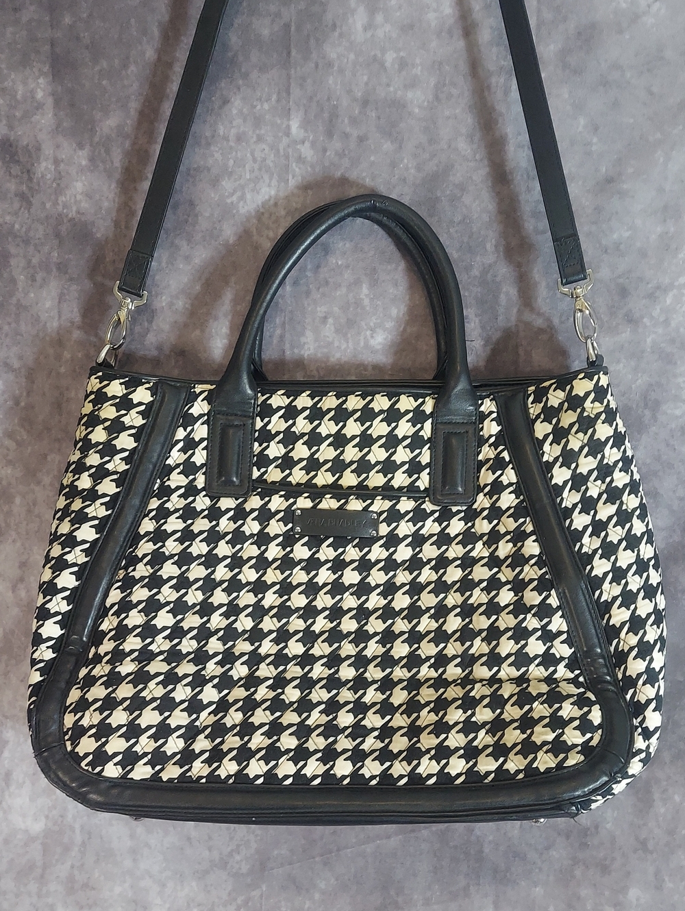 Vera Bradley Midnight Houndstooth Satchel Tote Work Bag Quilted Faux Leather